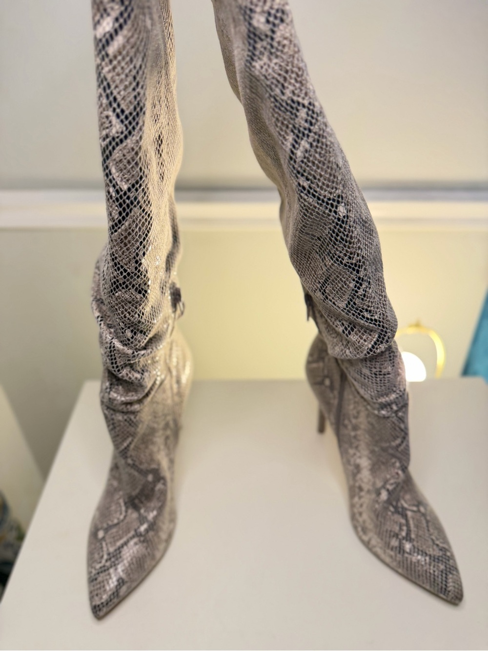 Jessica Simpson Snakeskin Over-the-Knee Pointed Toe Stiletto Boots - Gray